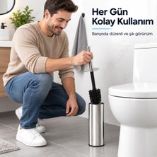 Fumeyabi Paslanmaz Çelik Tuvalet Fırçası, Kapaklı Wc Fırçası Seti, Gümüş Renk, Modern Banyo ve Tuvalet Aksesuarı, Tuvalet Fırçası