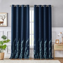 Universal Çiçek Nakışlı Karartma Perdeleri, Keten Yapı, Oturma Odası Için, Yatak Odası Için, Gümüş Renkli Halkalar, Pencere Perdesi, Deniz Mavisi/mavi, 132 x 213 cm (1 Panel)