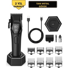 Universal Saç Kesme Makinesi Şarjlı Tıraş Makinesi, Erkek Bakım Seti - 8000 Rpm Kablosuz Şarj Tabanı Berber Kuaför Tipi, 8 Kılavuz Taraklı, LCD Ekran, Type-C (Garanti)