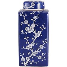Fumeyabi Bombay Kiraz Çiçeği Kapaklı Seramik Kavanoz, 13 cm x 30 Cm, Mavi/beyaz