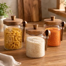 Universal 3'lü Kaşıklı Akasya Kapaklı Cam Kavanoz Seti 700 ml Erzak Saklama