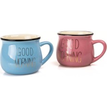 Fumeyabi Mukko Home 2'li Emaye Görünümlü Porselen Kupa Seti Good Morning Gold Yazılı 150 Ml,pembe & Mavi