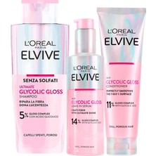 Fumeyabi L’oréal Paris Elvive Glycolic Gloss Saç Bakım Seti: Şampuan 200 Ml, Saç Kremi 150 ml ve Durulanmayan Serum 150 Ml, 3 Ürün