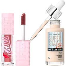 Odea Maybelline New York Lifter Plump Dudak Parlatıcısı- 005 Peach Fever & Super Stay Skin Tint Fondöten - 03 Makyaj Seti