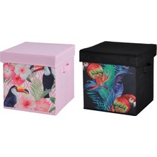 Odea Oyuncak Kutusu 2 Li Set Saklama Kutusu Kapaklı Papağan Desen Kumaş 28X28X28CM