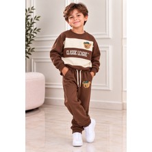 Esmer Bebe Erkek Çocuk Eşofman Takımı Kahverengi Ayıcık Desenli Sweatshirt ve Jogger Pantolon 2’li Takım