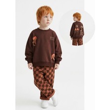 KR Kids Erkek Çocuk Kahverengi Ön Arka Baskılı Sweatshirt ve Dama Desenli Bol Paça Pantolon 2'li Takım