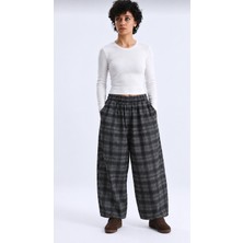 Rose Arya Antrasit Ekoseli Beli Lastikli Bol Kesim Balon Pantolon