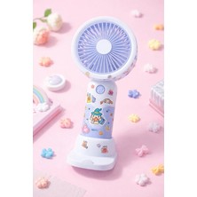 Junglee Sevimli Karakterli Şarjlı El Fanı 3 Kademeli Serinletici Vantilatör Kuromi Stickerlı Fan -Mavi