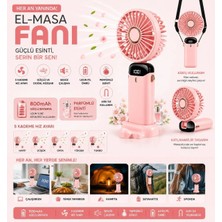 Junglee N15 Şarjlı El Fanı Dijital Göstergeli Parfümlü Serinletici Vantilatör 5 Kademe Hız Ayarlı Mini Klima Fan Boyunluk Askı Ipli Katlanabilir Elde Masaüstü Boyun Askılı Kullanım Telefon Standı -Pembe