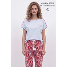 Mısırlı Kadın Pamuk Kısa Kol Pijama Takım Beyaz/şal Desen