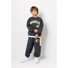 KR Kids Erkek Çocuk Brooklyn Baskılı Füme Eşofman Takımı Oversize Sweatshirt Jogger Alt 2’li Takım