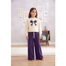 Jeliboom Kız Çocuk Incili Fiyonk Nakışlı Krem Sweatshirt ve Mor Fitilli Eşofman Altı