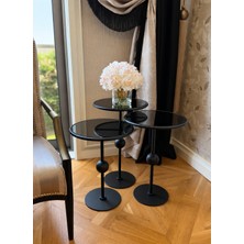 Esey Luxury Küre  Model  3lü Siyah Sehpa Metal Gövde Cam Ayna Yüzeyler