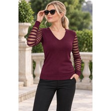 AQE FASHION Kadın V Yaka Uzun Kollu Kolları Şerit Detaylı Vücuda Oturan Esnek Likralı Şık Günlük Bordo Triko Bluz