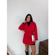Dut Store Kadın Düğmeli Bel Bağlamalı Kruvaze Yaka Kırmızı Trençkot