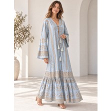 Moda Rüyası Italyan Tasarım Kadın Desenli Uzun Kimono Elbise V Yaka Püsküllü Bohem Pareo