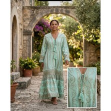 Moda Rüyası Italyan Tasarım Kadın Desenli Uzun Kimono Elbise V Yaka Püsküllü Bohem Pareo