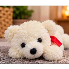 Toys Krem Renk Kırmızı Fiyonklu Sevimli Peluş Köpek Oyuncak 25 cm