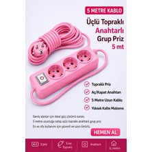 Fırsat Yolu Üçlü Topraklı Anahtarlı Grup Priz 5 Metre Pembe