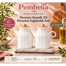 Pembelia Life Mermer Standlı Porselen 2’li 1000 ml Yağdanlık Set 3’lü Kare Yağlık Set Ayçiçek Yağı Zeytinyağı Şişesi