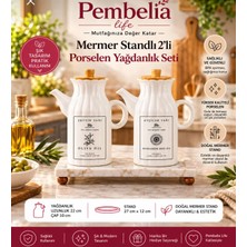 Pembelia Life Mermer Standlı Porselen 2’li 1000 ml Yağdanlık Set 3’lü Kare Yağlık Set Ayçiçek Yağı Zeytinyağı Şişesi