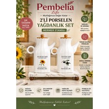 Pembelia Life Mermer Standlı Porselen 2’li 1000 ml Yağdanlık Set 3’lü Kare Yağlık Set Ayçiçek Yağı Zeytinyağı Şişesi