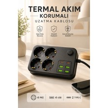 Edison Termal Akım Korumalı Uzatma Kablosu 4 Priz USB 2 Type-C 2500W Anahtarlı Çoklu Metre Siyah