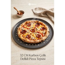 Paslanmaz Karbon Çelik , Delikli,  Yanmaz Yapışmaz 32 cm Büyük Boy Pizza ve Lahmacun Tepsisi