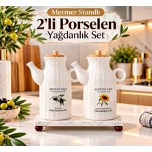 Pembelia Life Mermer Standlı Porselen 1000 ml Yağdanlık Set 3’lü Yağlık Set Ayçiçek Yağı Zeytinyağı Şişesi