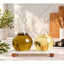 Pembelia Life Mermer Standlı Borosilikat Cam 900 ml Yağdanlık Set Damlatmaz 3’lü Yağlık Set Ayçiçek Yağı Zeytinyağı Şişesi