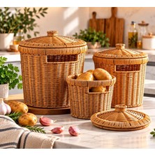 Pembelia Life 3’lü Hasır Patates Soğan Sarımsak Sepeti Seti-Rattan Dekoratif Düzenleyici Kapaklı Sebzelik Patates Soğan Saklama Kabı