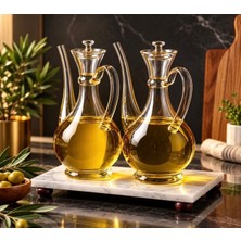 Pembelia Life Mermer Standlı Borosilikat Cam 750 ml Yağdanlık Set 3’lü Yağlık Set Ayçiçek Yağı Zeytinyağı Şişesi