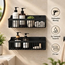 Str Store 2’li Yapışkanlı Banyo ve Mutfak Rafı, Siyah Plastik 25 x 10 x 10 Cm, Su Tahliyeli Duş Organizeri, Askılı Duvar Düzenleyici