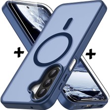 Str Store Samsung Galaxy A27 Için Kılıf Mat Magsafe Ile Uyumlu Renkli Kenarlı Kamera Çıkıntı Korumalı + 9h Ekran Koruyucu Cam Set - Lacivert