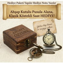Livenda Isme Özel Ahşap Kutulu Pusula Köstekli Saat Hediye