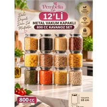 Pembelia Life 12’li Metal Vakum Kapaklı Cam 800 cc Bakliyat Erzak Saklama Kavanoz Seti Baharatlık Takımı Çay Şeker Kahve Tuz Kavanoz Etiket Hediyeli