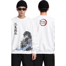Fuddy Moda Unisex Oversize Giyu Tomioka Ense Baskılı Demon Slayer Anime Temalı Kapüşonsuz Sweatshirt