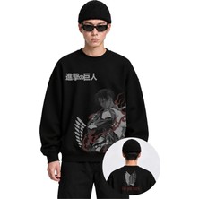 Fuddy Moda Unisex Oversize Attack On Titan Levi Ense Baskılı Anime Temalı Kapüşonsuz Sweatshirt