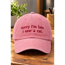 BarsDepo ''sorry I'm Late I Saw A Cat'' Nakışlı Yıkamalı Şapka / Kedi Nakışlı Washed Cap