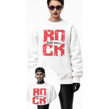 Fuddy Moda Unisex Oversize Rock And Roll Baskılı Kapüşonsuz Bisiklet Yaka Sweatshirt