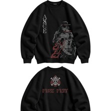 Fuddy Moda Unisex Oversize Ace Fire Fist Ense Baskılı One Piece Anime Temalı Kapüşonsuz Sweatshirt