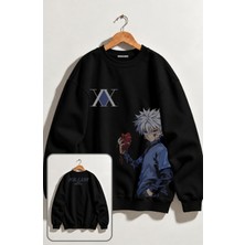 Fuddy Moda Unisex Oversize Hunter x Hunter Killua 99 Ense Baskılı Anime Temalı Kapüşonsuz Sweatshirt