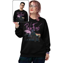 Fuddy Moda Unisex Oversize Pink Floyd Pink Pig Baskılı Kapüşonsuz Bisiklet Yaka Rock Band Sweatshirt