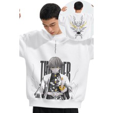 Fuddy Moda Unisex Oversize Zenitsu Thunder Sırt Baskılı Kapüşonsuz Demon Slayer Anime Sweatshirt