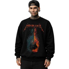 Fuddy Moda Unisex Oversize Metallica Gitar Baskılı Bisiklet Yaka Rock Band Kapüşonsuz Sweatshirt