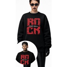 Fuddy Moda Unisex Oversize Rock And Roll Baskılı Kapüşonsuz Bisiklet Yaka Sweatshirt