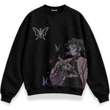 Fuddy Moda Unisex Oversize Shinobu Kocho Ense Baskılı Demon Slayer Anime Temalı Kapüşonsuz Sweatshirt