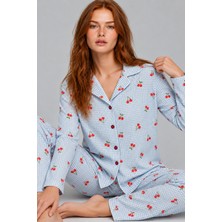 Kadın Kiraz Desenli Pötikare Mavi Pijama Takımı 4792