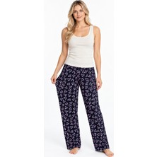 Kadın Çizgili Bluz Desenli Askılı Ekru Pijama Takımı